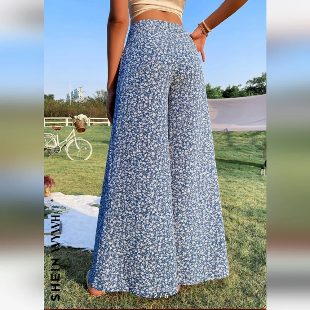 SHEIN Wide Leg Palazzo Pant Large Ditsy Floral Print Blue NWOT High Waist - Picture 5 of 12